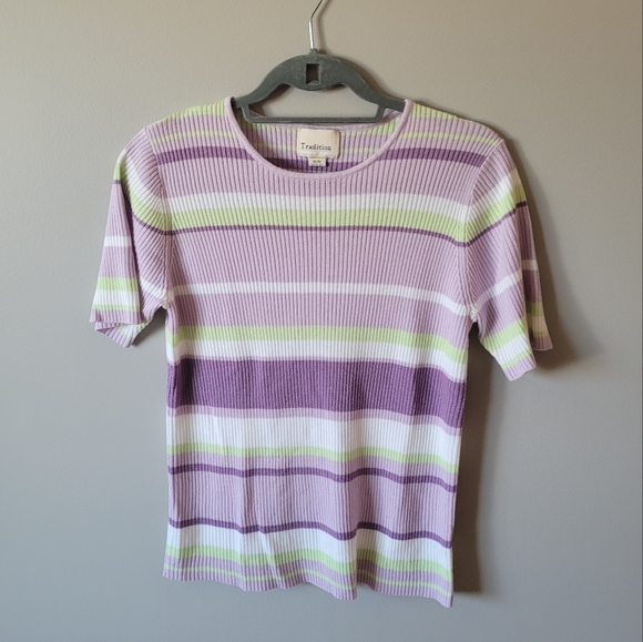Pastel purple stripe ribbed top 90s tee - Picture 3 of 6